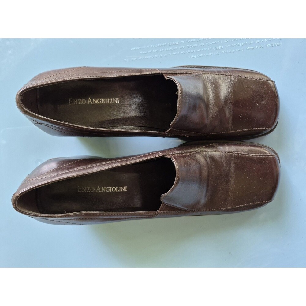 Enzo Angiolini Leather Shoes Womens Size 8 M Block Heels Square Toes Brown